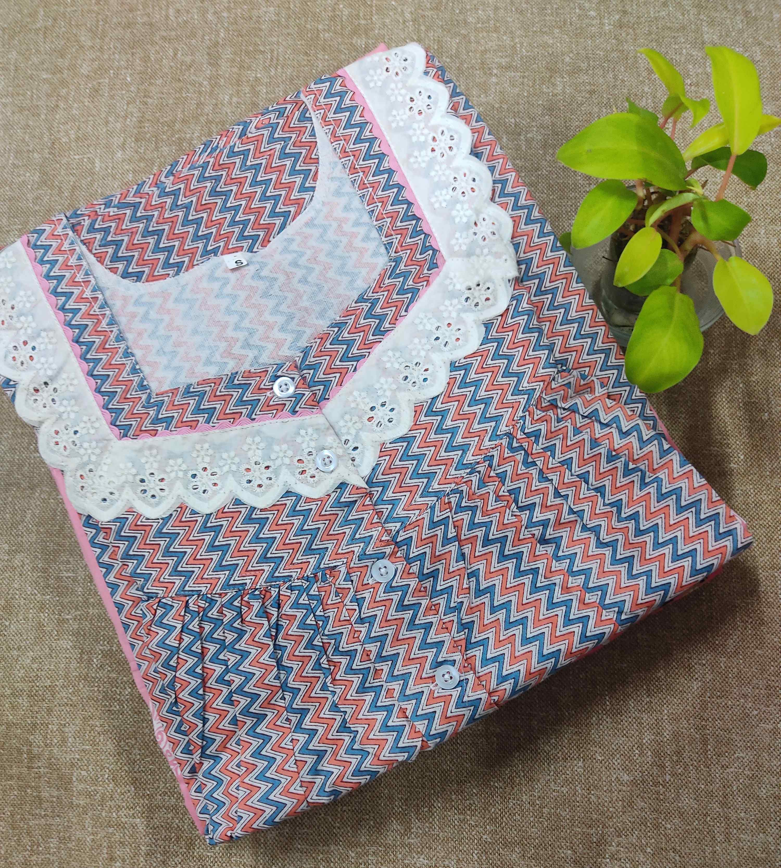 Soft Cotton With Pockets, Half Open Small Printed Nighty