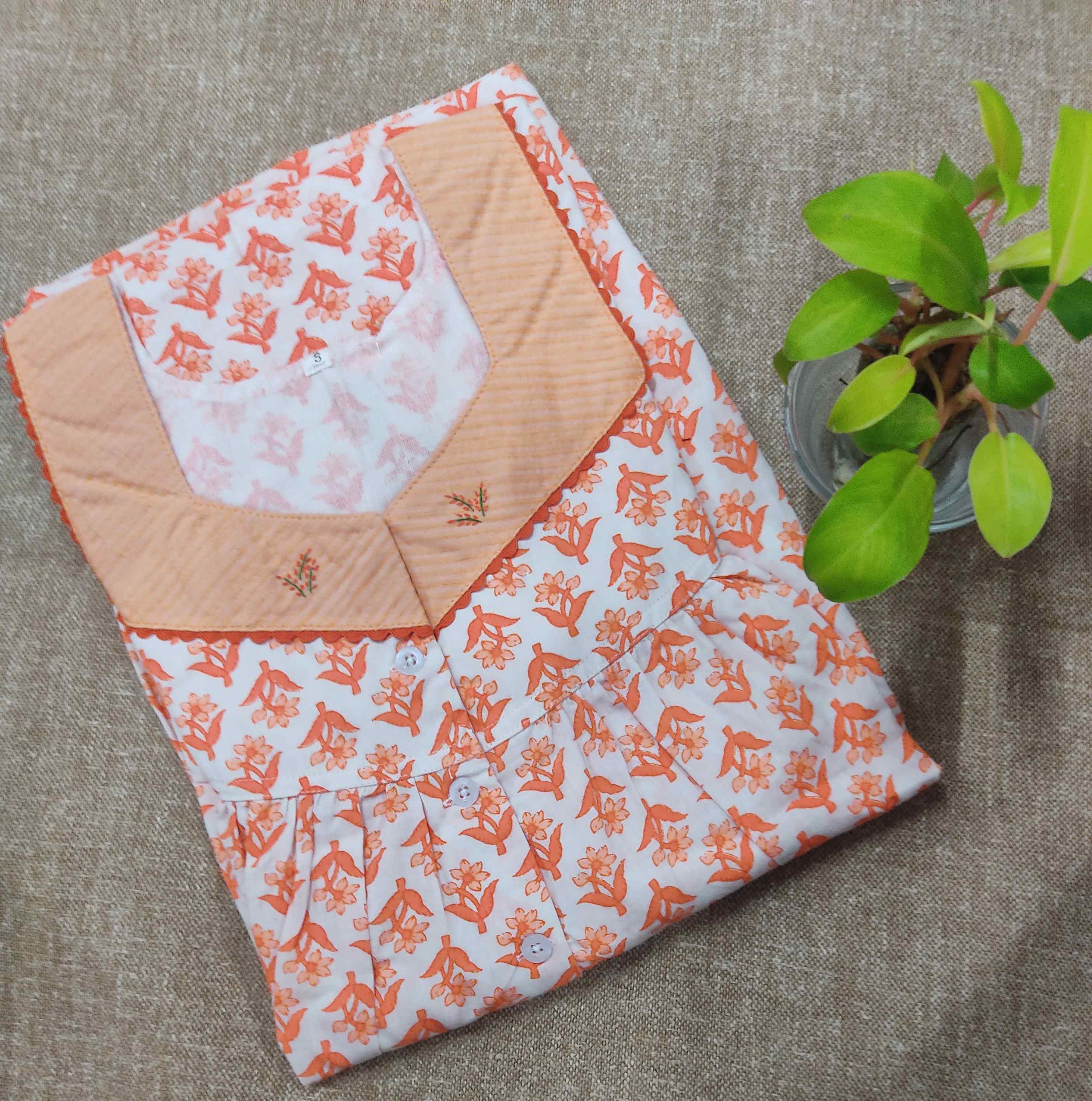 Cotton With Pockets, Half Open Small Printed Nighty