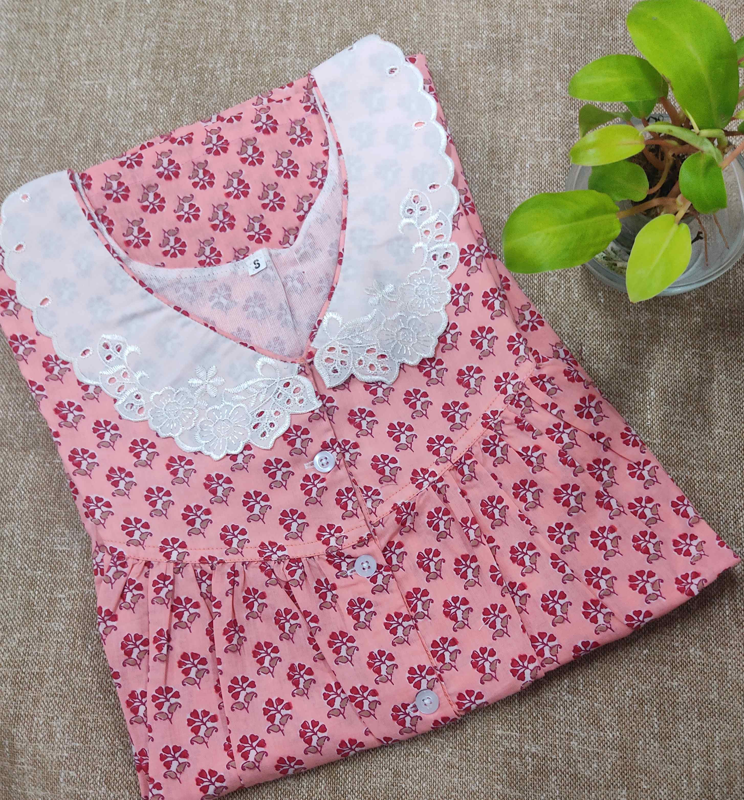 Soft Cotton With Pockets, Half Open Small Printed Nighty