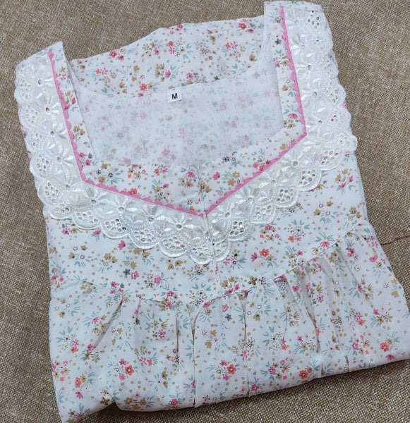 Soft Cotton Pleated , With Pockets, No Open Medium Printed Nighty