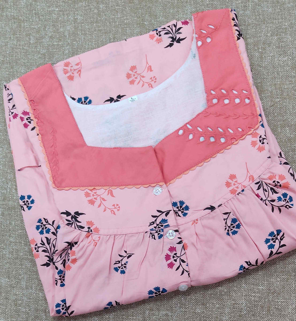 Rayon Pleated , With Pockets, Half Open Large Printed Nighty