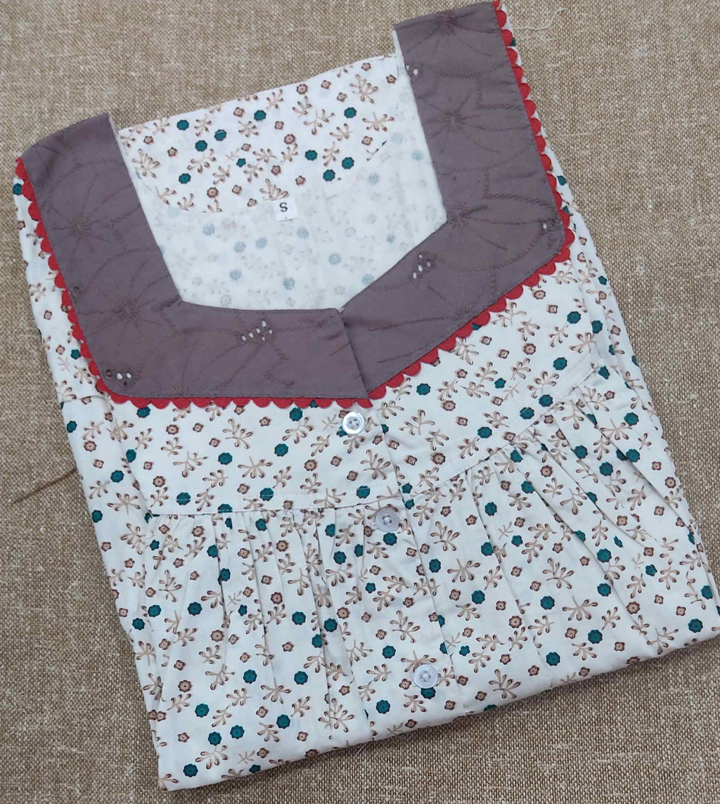 Cotton Pleated , With Pockets, Half Open Small Printed Nighty