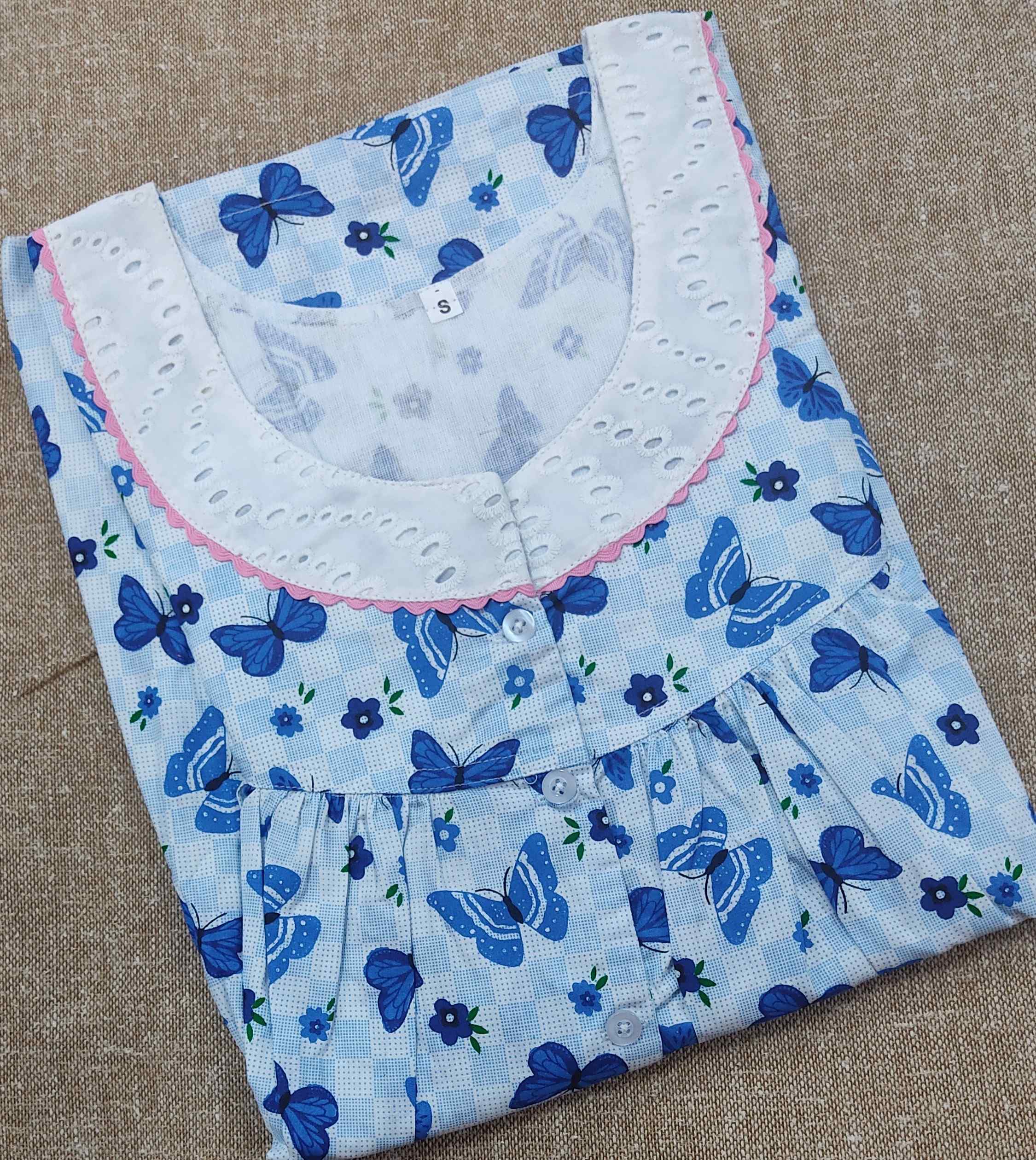Cotton Pleated , With Pockets, Half Open Small Printed Nighty