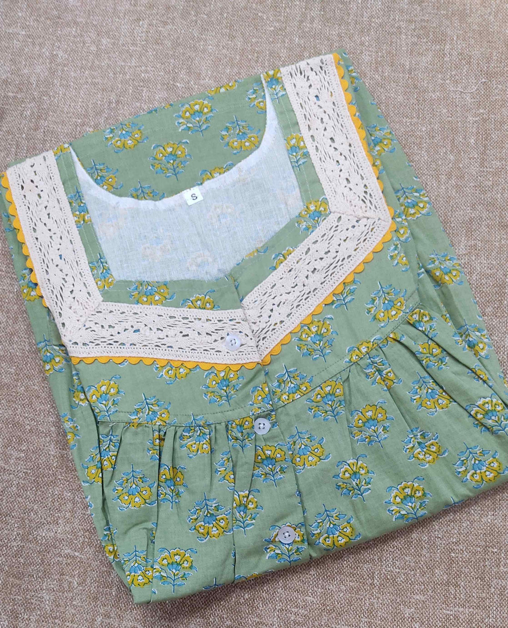Soft Cotton Pleated , With Pockets, Half Open Small Printed Nighty