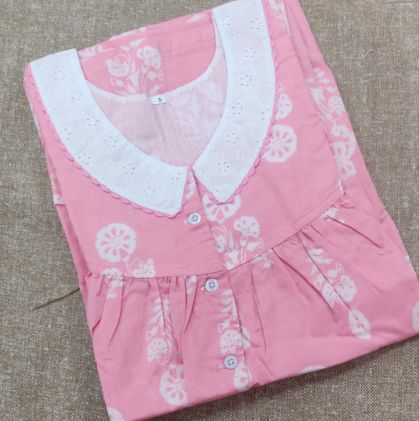 Soft Cotton Pleated , With Pockets, Half Open Small Printed Nighty