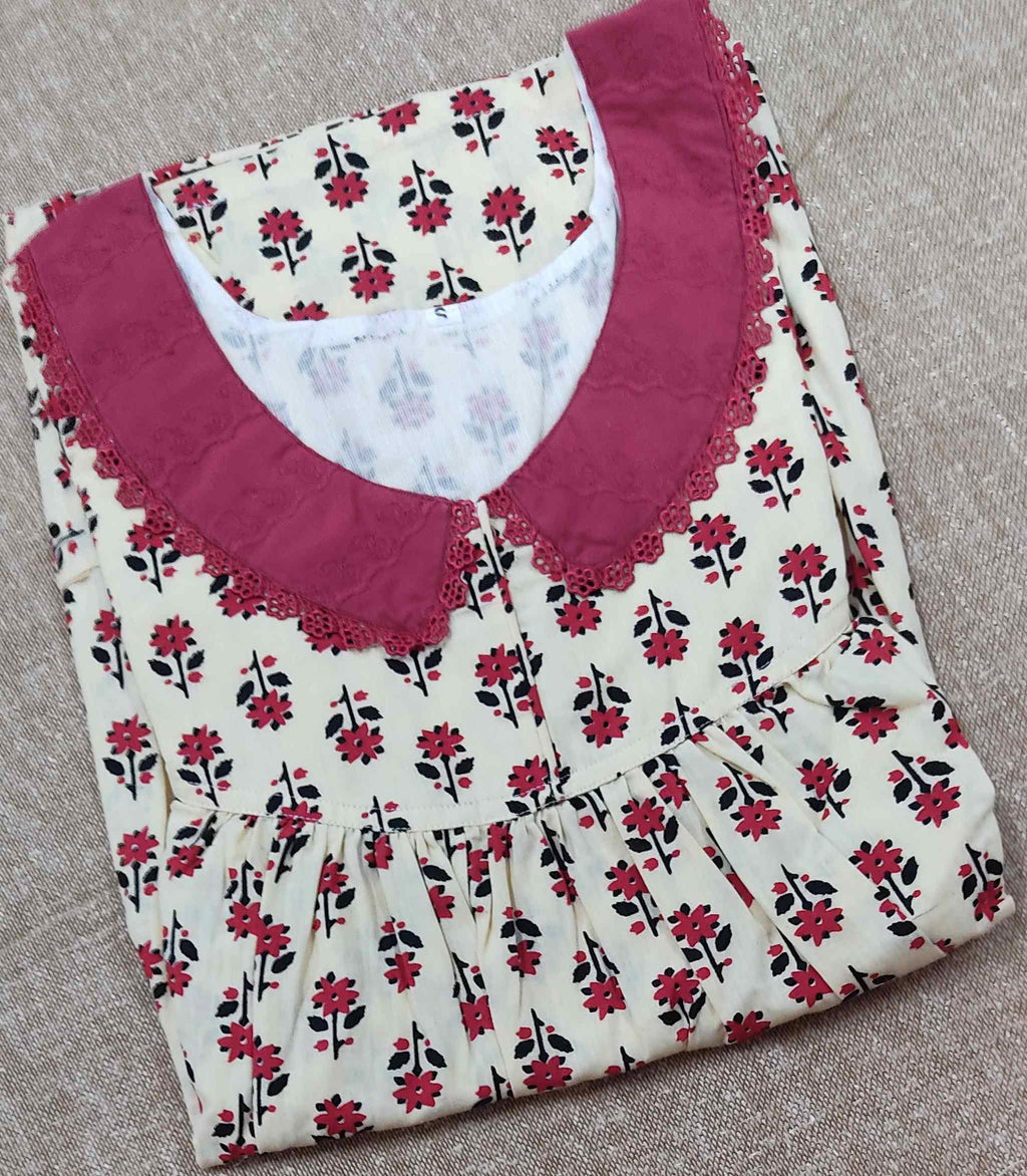 Cotton Pleated , With Pockets, No Open Small Printed Nighty