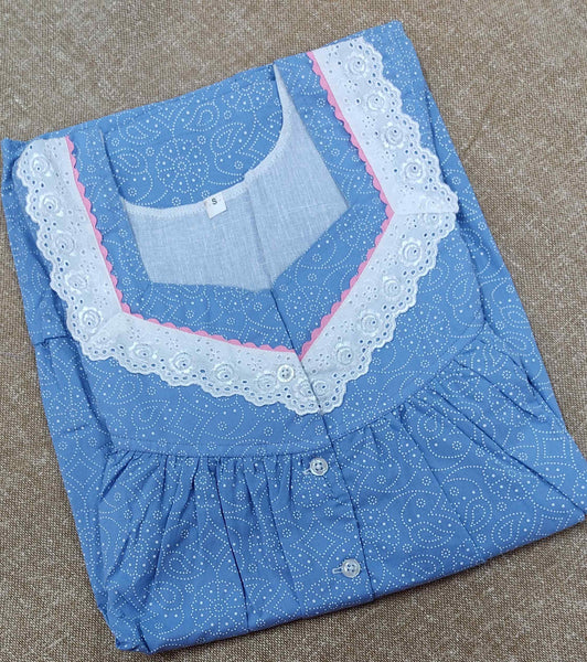 Soft Cotton Pleated , With Pockets, Half Open Small Printed Nighty