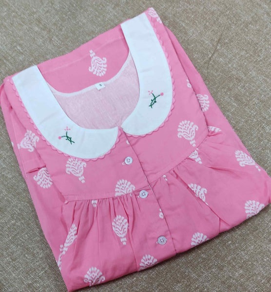 Soft Cotton Pleated , With Pockets, Half Open Small Printed Nighty