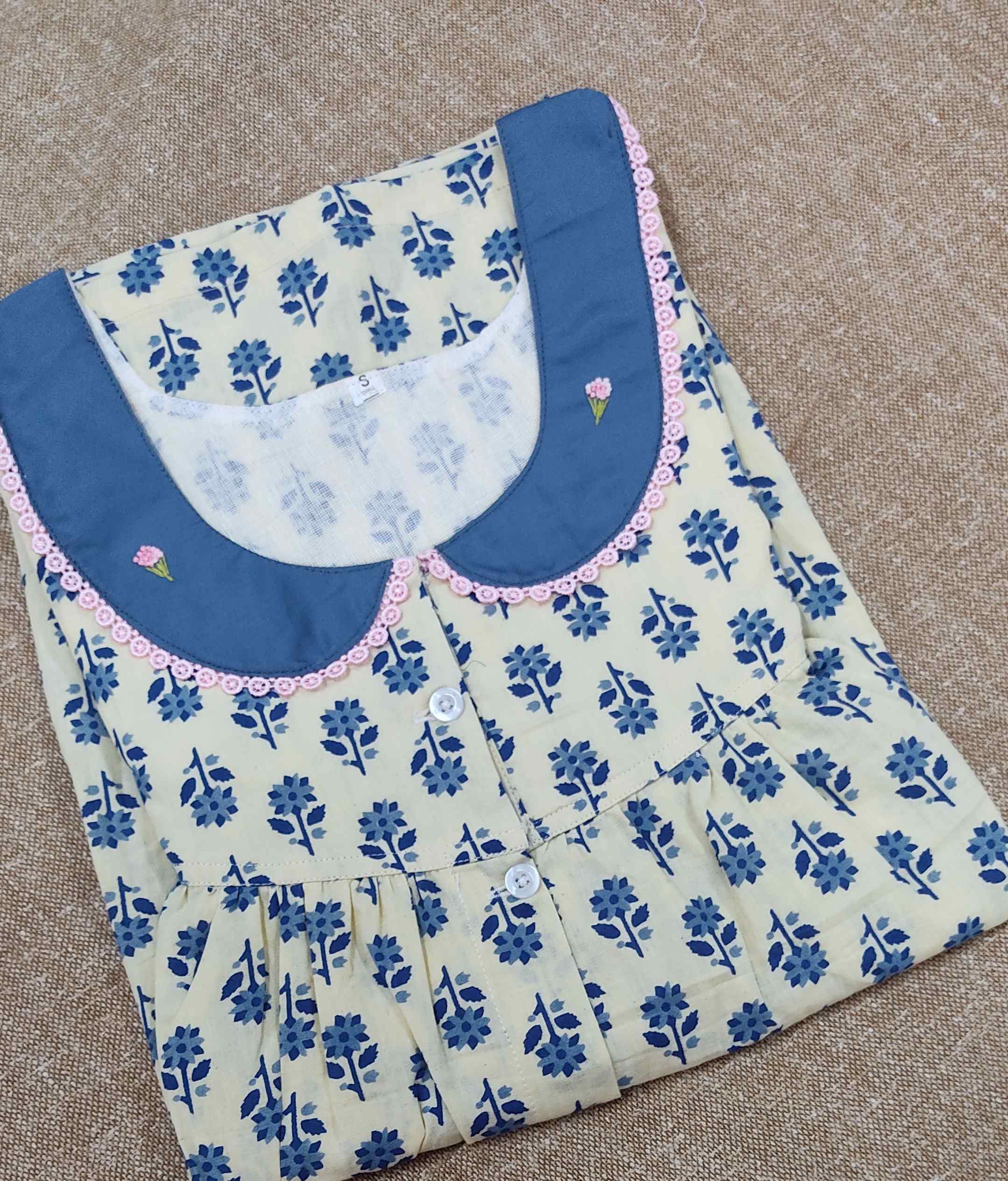 Cotton Pleated , With Pockets, Half Open Small Printed Nighty