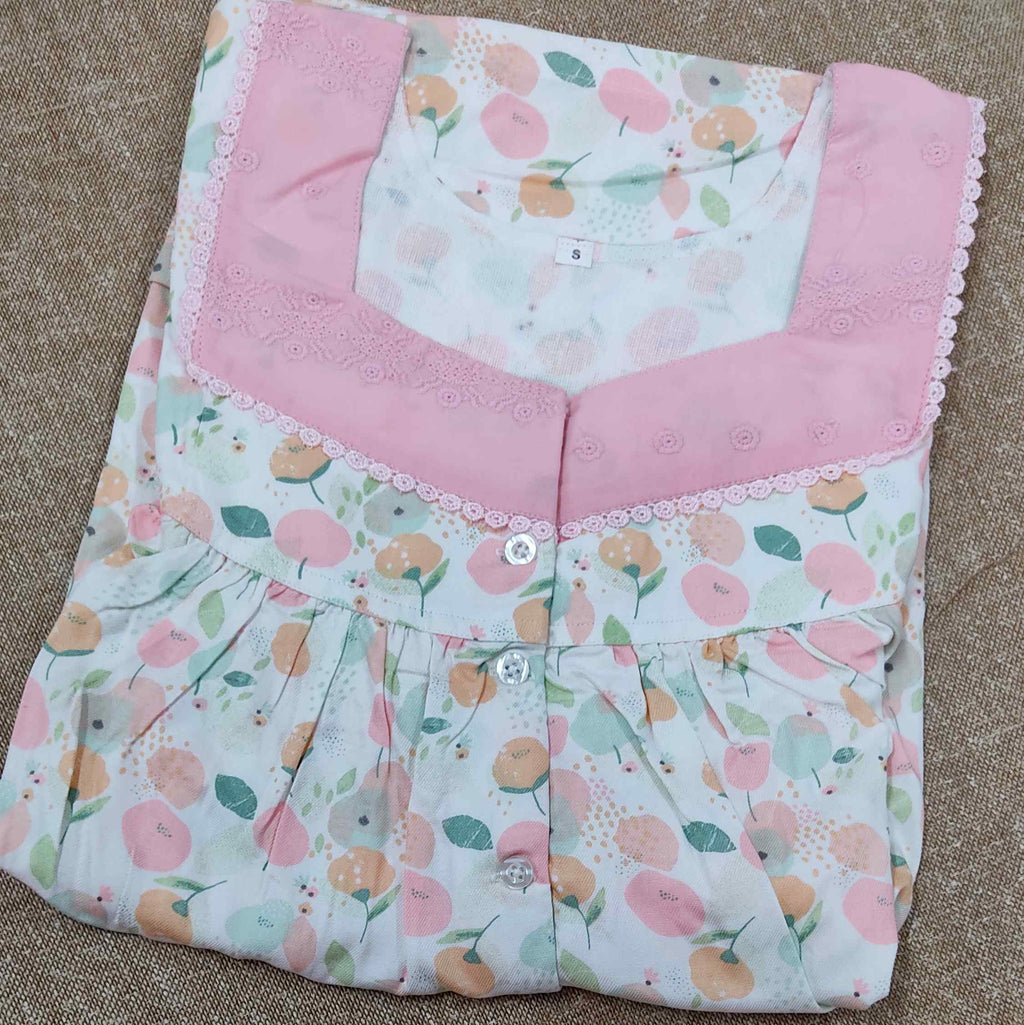 Rayon Pleated , With Pockets, Half Open Small Printed Nighty