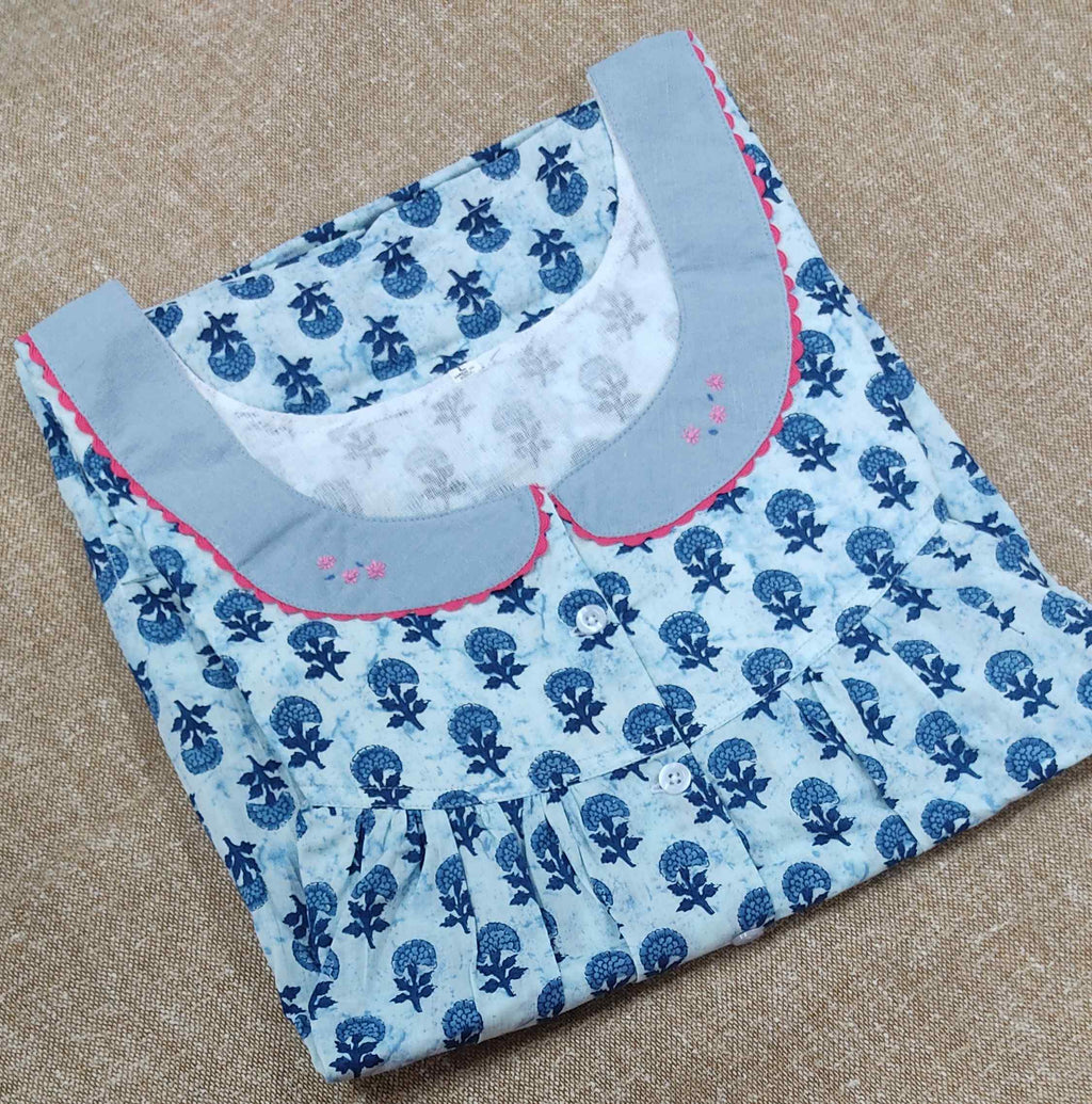 Soft Cotton Pleated , With Pockets, Half Open Large Printed Nighty