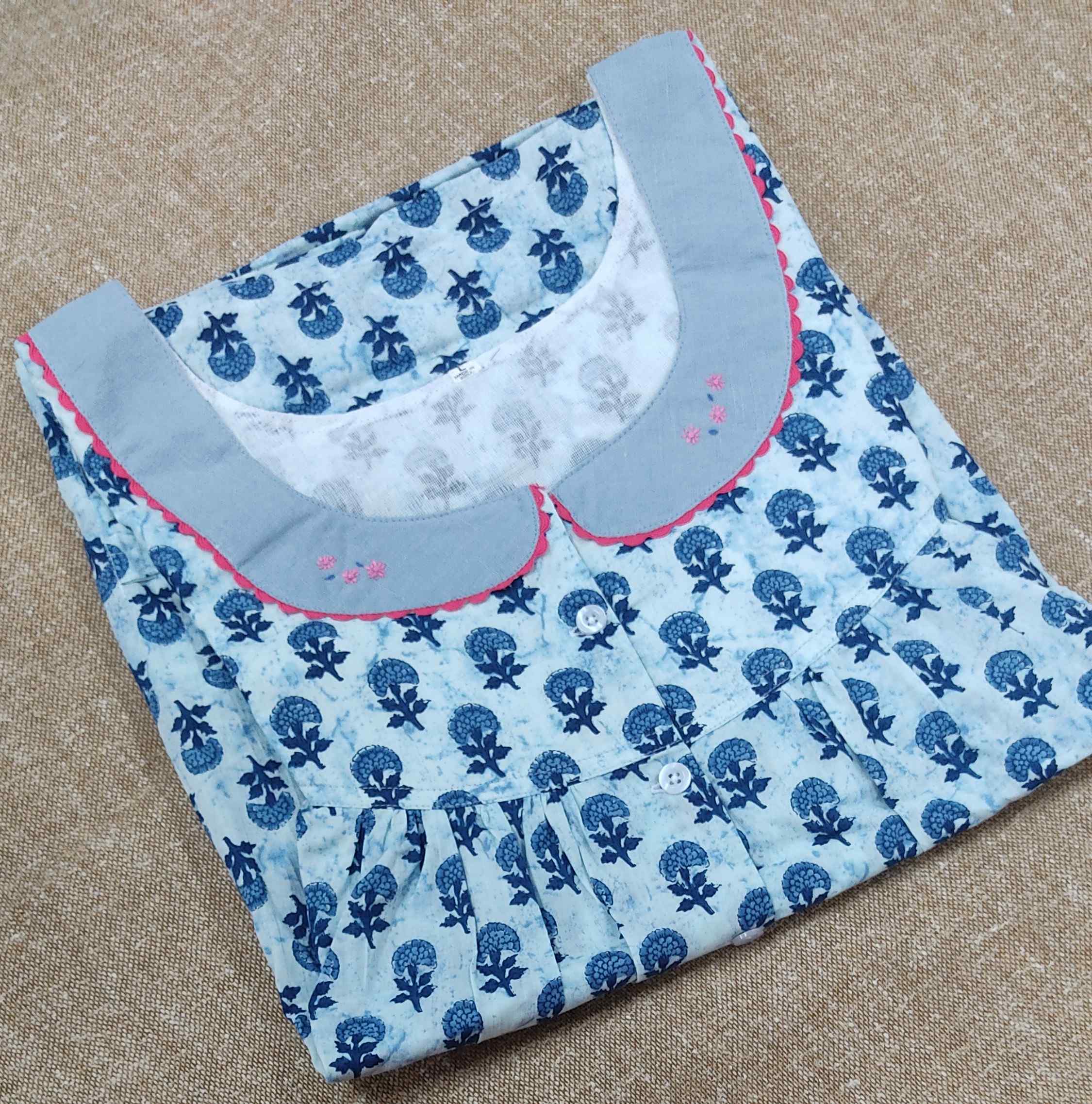Soft Cotton Pleated , With Pockets, Half Open Large Printed Nighty