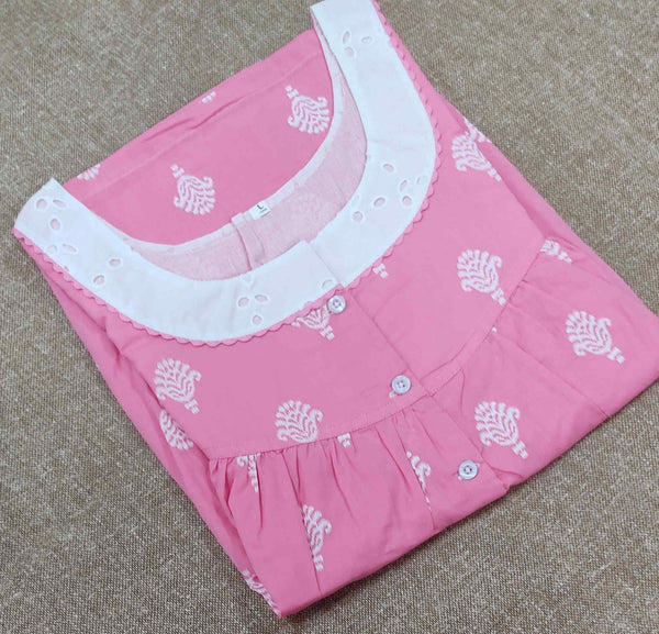 Soft Cotton Pleated , With Pockets, Half Open Large Printed Nighty