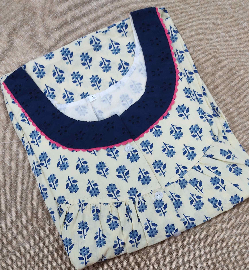 Cotton Pleated , With Pockets, Half Open Large Printed Nighty