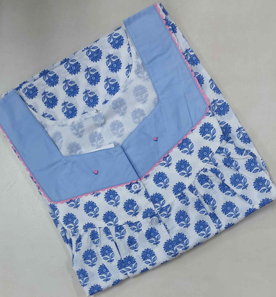 Soft Cotton Pleated , With Pockets, Half Open Large Printed Nighty
