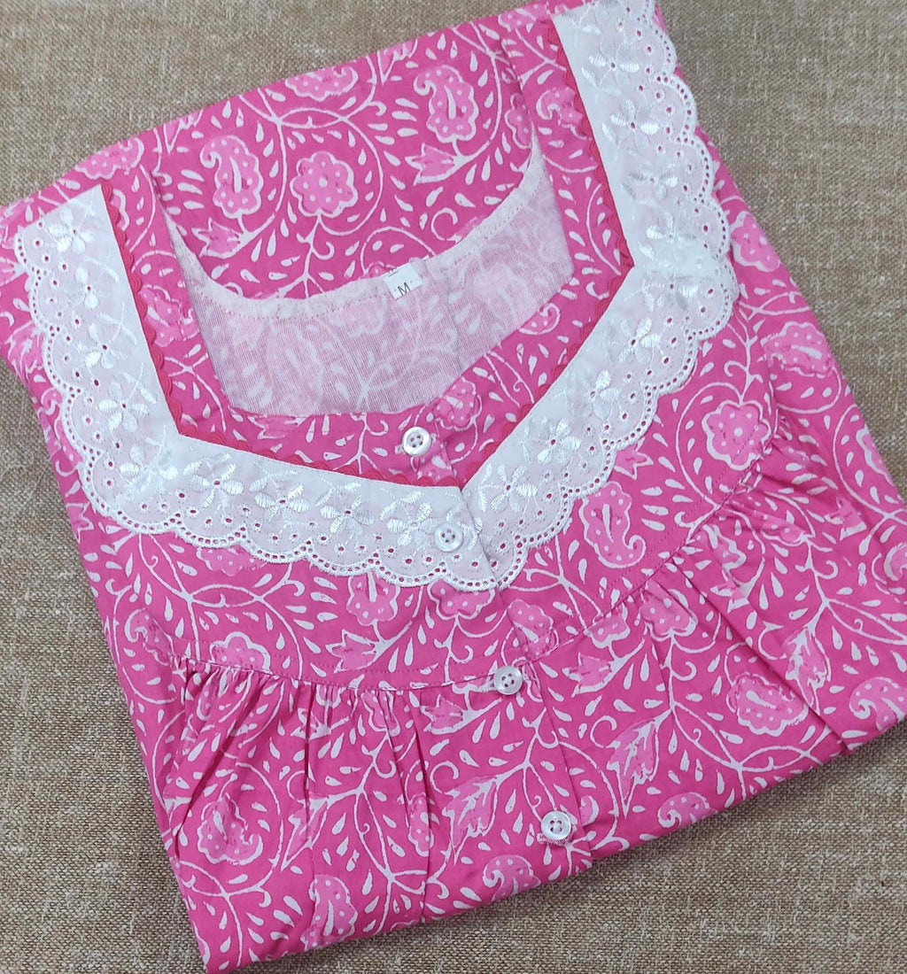 Cotton Pleated , With Pockets, Half Open Medium Printed Nighty