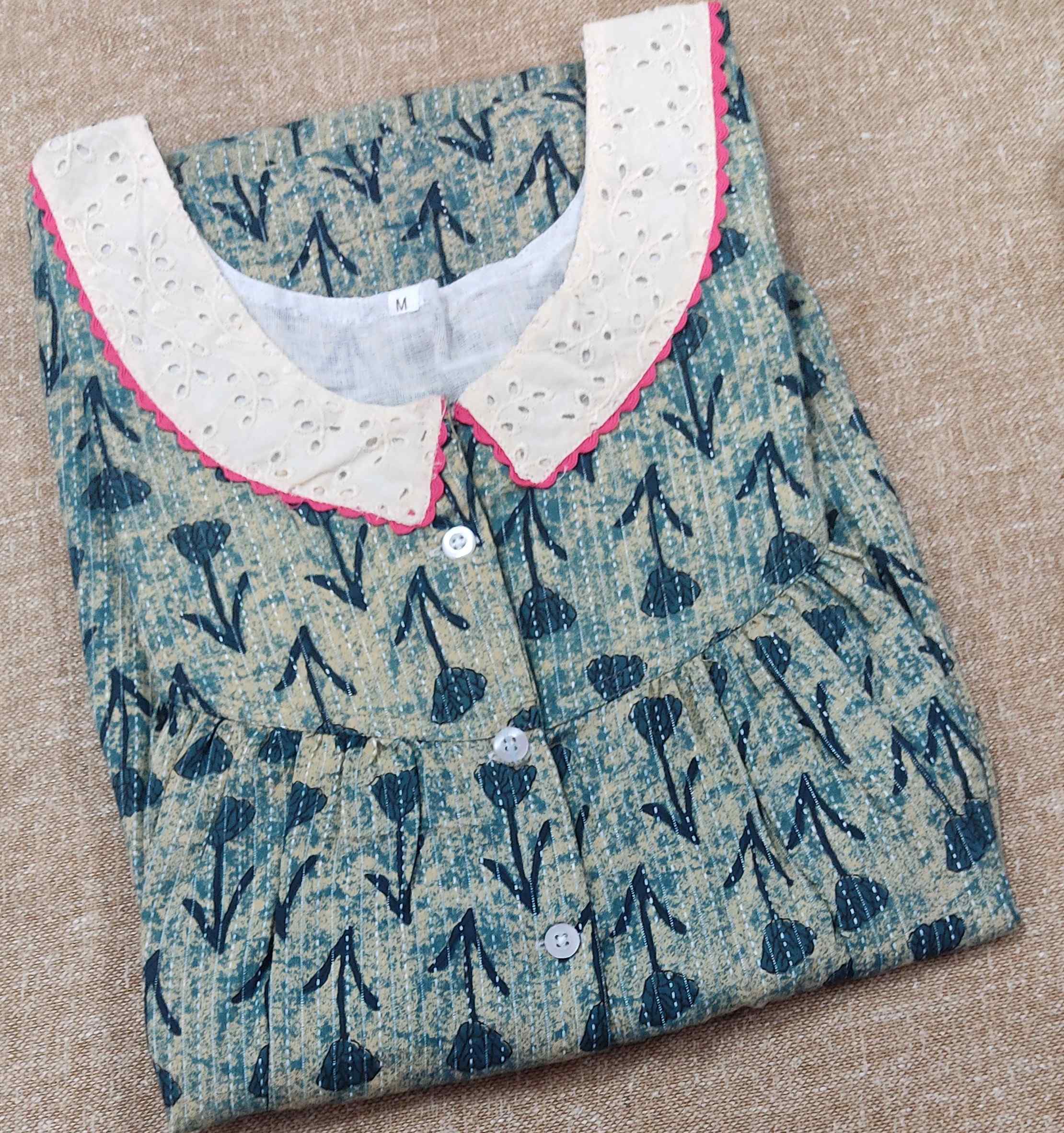 Soft Cotton Pleated , With Pockets, Half Open Medium Printed Nighty