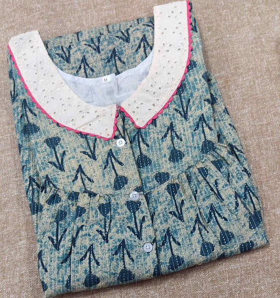 Soft Cotton Pleated , With Pockets, Half Open Medium Printed Nighty