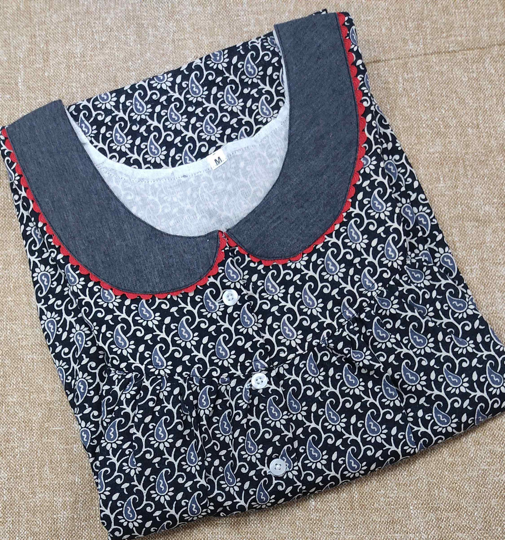 Cotton Pleated , With Pockets, Half Open Medium Printed Nighty