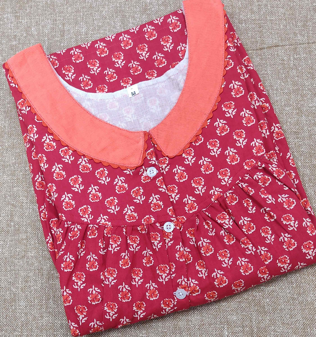 Cotton Pleated , With Pockets, Half Open Medium Printed Nighty