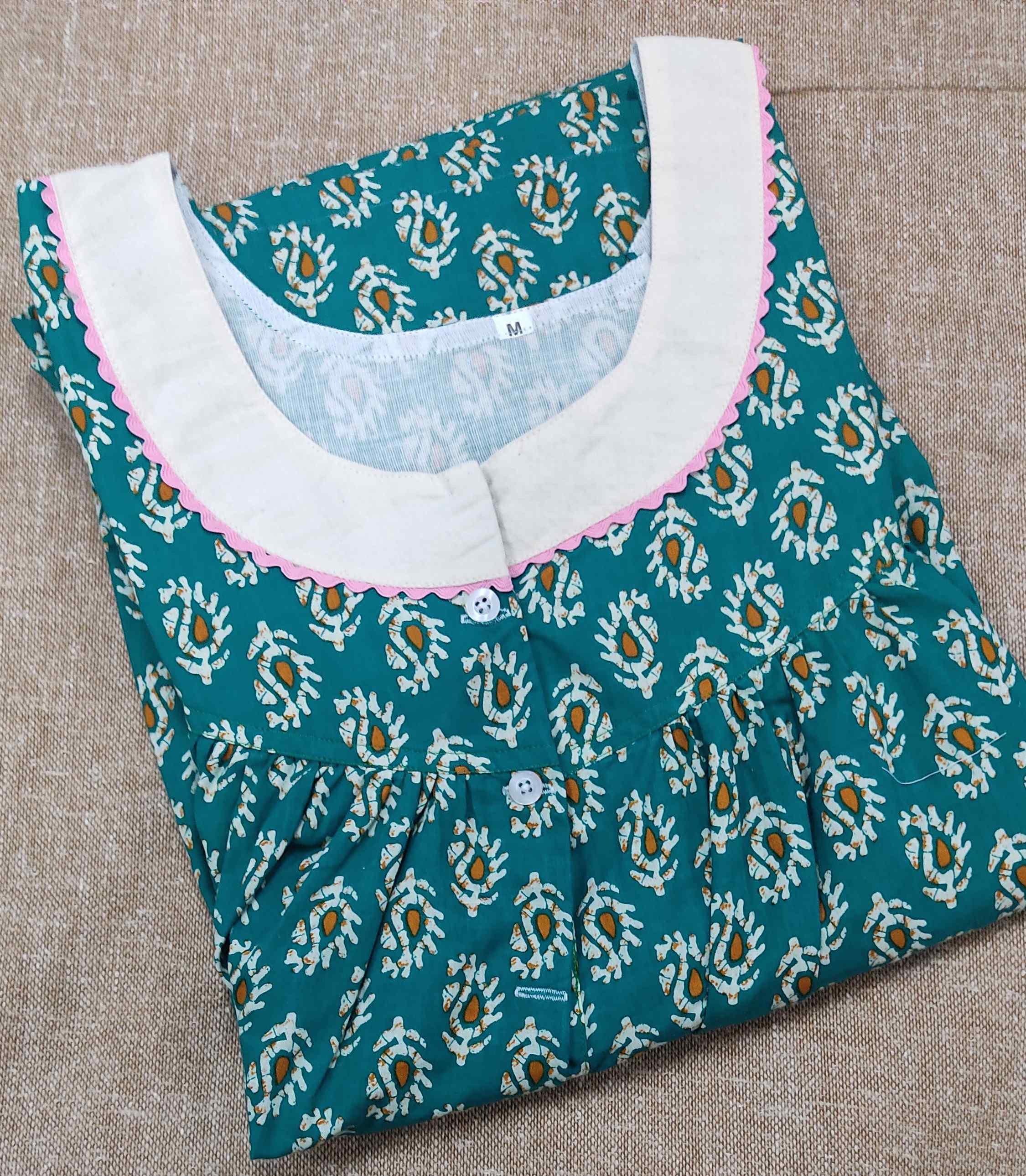 Cotton Pleated , With Pockets, Half Open Medium Printed Nighty