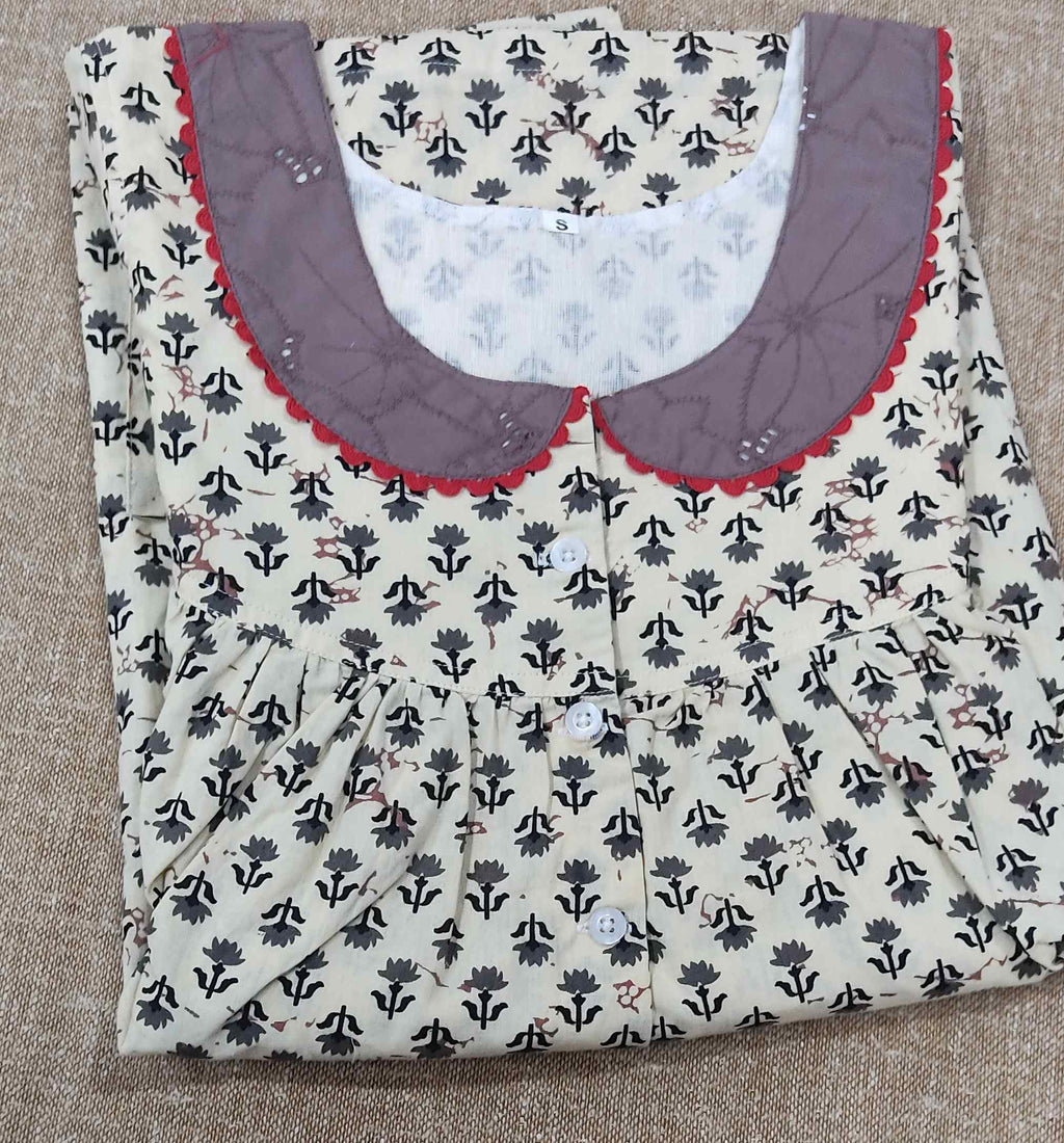Cotton Pleated , With Pockets, Half Open Small Printed Nighty