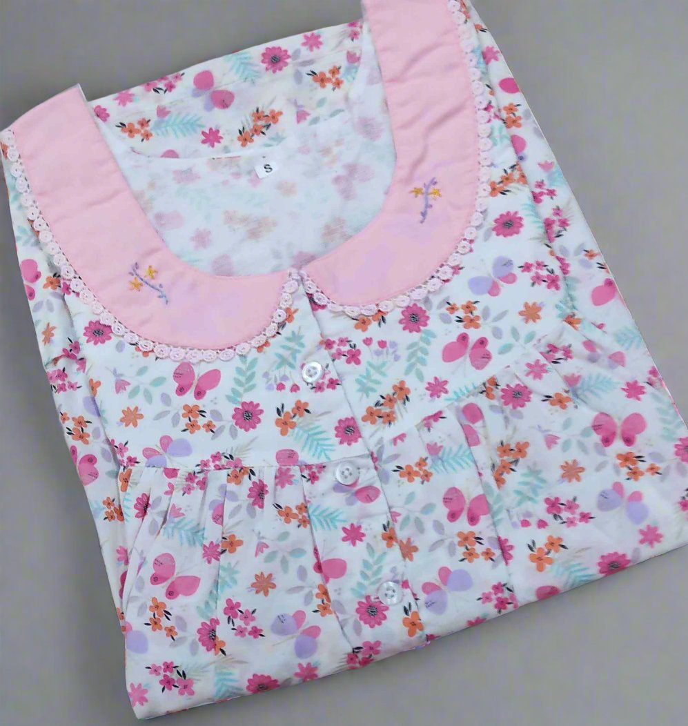 Cotton Pleated , With Pockets, Half Open Small Printed Nighty