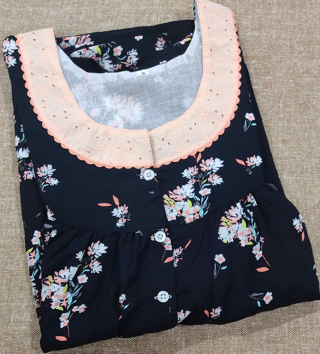 Rayon Pleated , With Pockets, Half Open Small Printed Nighty