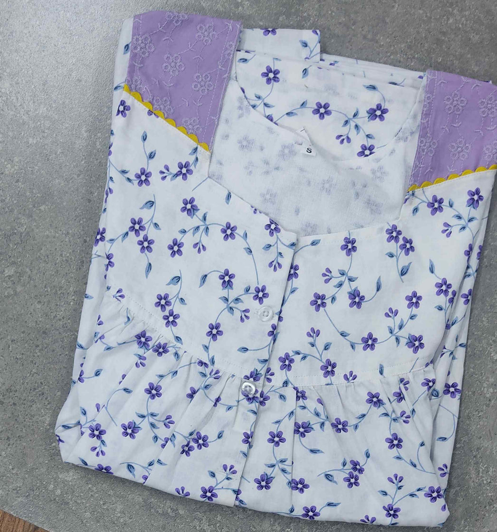Cotton Pleated , With Pockets, Half Open Small Printed Nighty