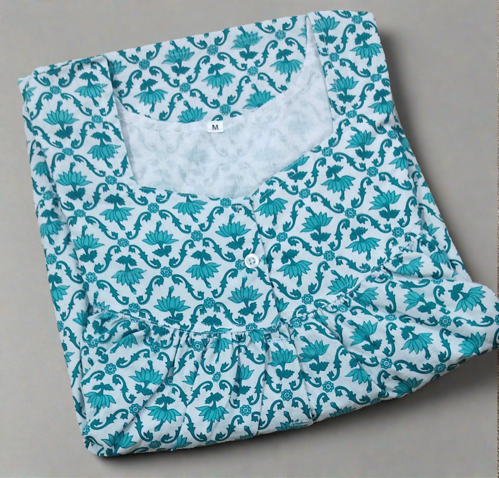 Cotton Pleated , Half Open, Pockets Medium Printed Nighty