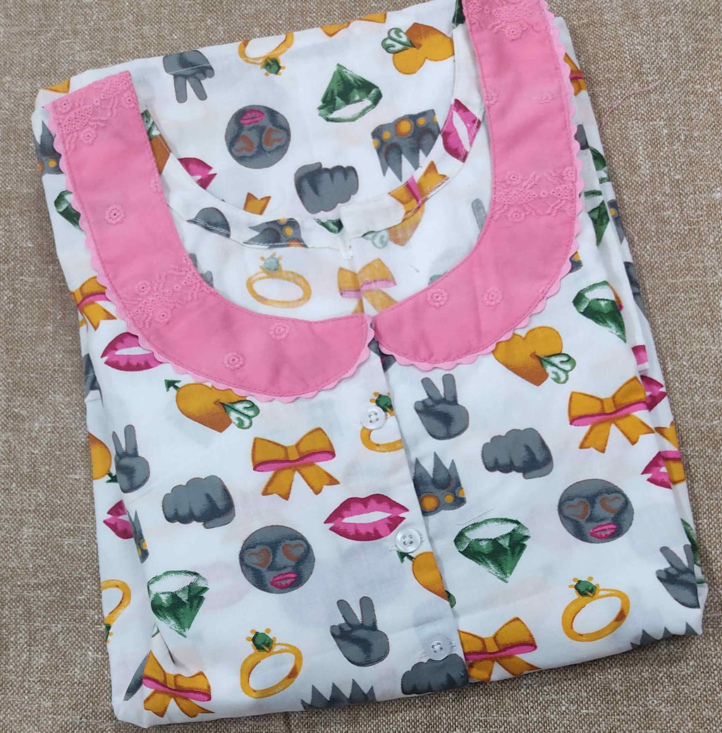 Cotton A-line churidar cut, Back A-line, With Pockets, Half Open Large Printed Nighty
